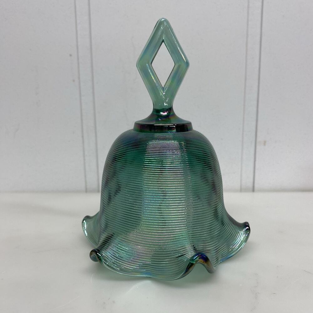 Fenton Teal Green Carnival Glass Open Diamond Threaded Optic Ruffled Bell Vtg